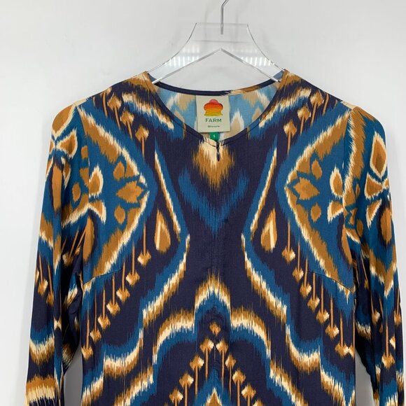 Farm Rio Pineapple Ikat navy blue maxi dress silky zipper yellow long new Small - Picture 3 of 6